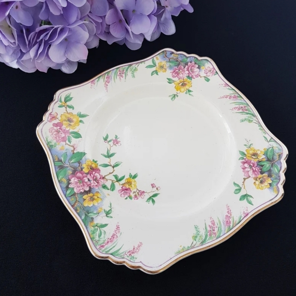 Royal Winton Grimwades CHERRY BLOSSOM Square 8.75 Inch Plate England, 1930s